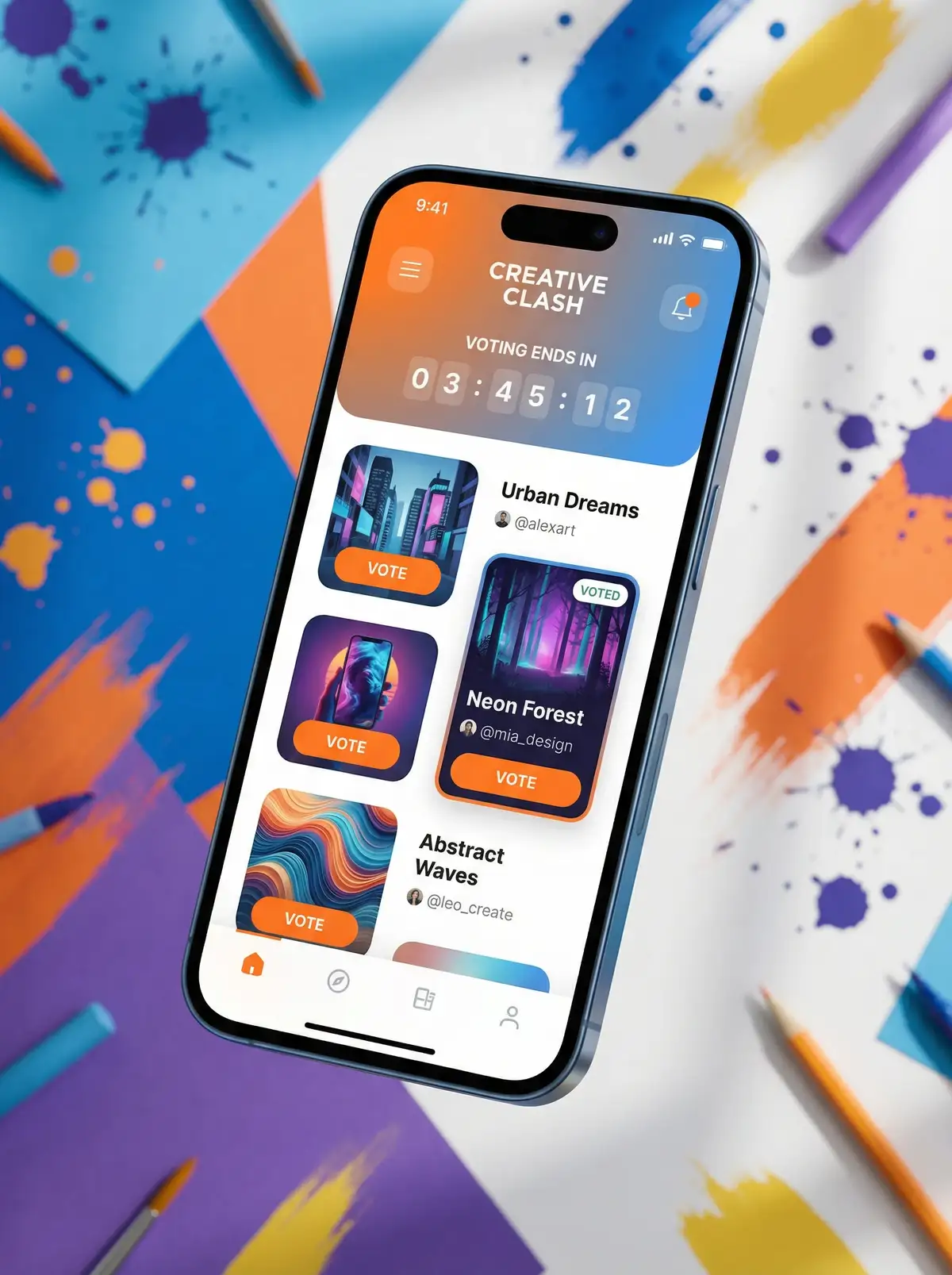 今日大赛 移动端APP界面展示投票和作品浏览功能